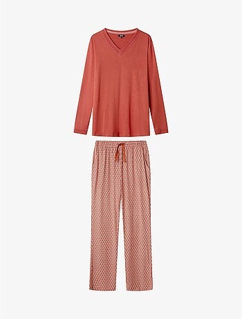 Pyjama long avec décolleté en v avec tulle et pantalon microgéométrique