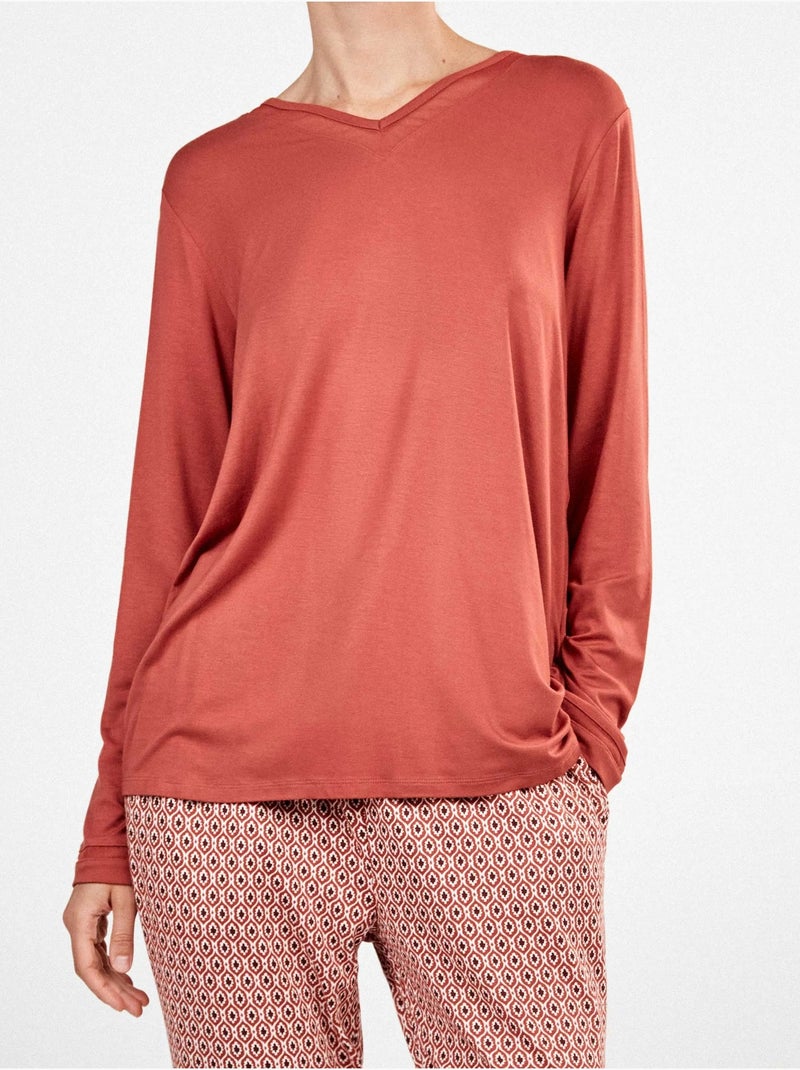 Pyjama long avec décolleté en v avec tulle et pantalon microgéométrique Terracotta - Kiabi