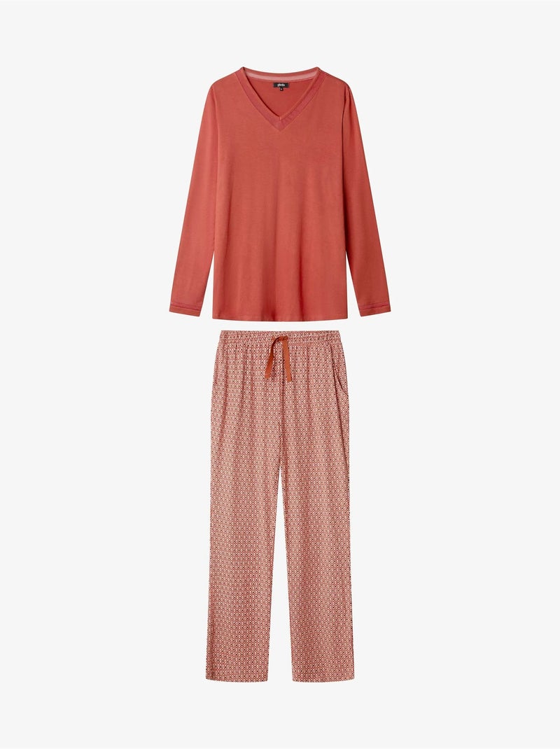 Pyjama long avec décolleté en v avec tulle et pantalon microgéométrique Terracotta - Kiabi