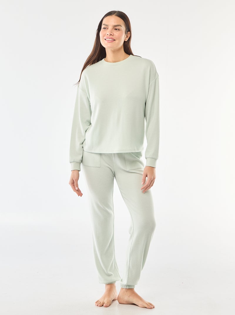 Pyjama long en maille chaude - 2 pièces Vert d'eau - Kiabi