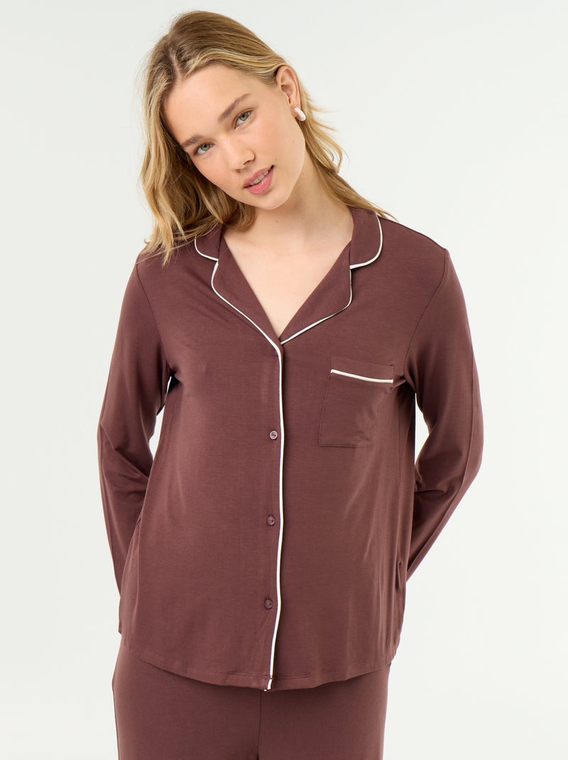 Pyjama long en maille douce stretch - 2 pièces Marron - Kiabi