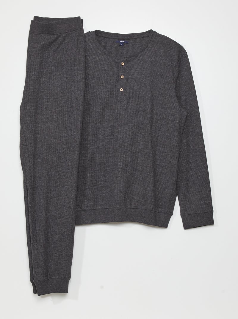 Pyjama long en maille gaufrée - 2 pièces Gris - Kiabi