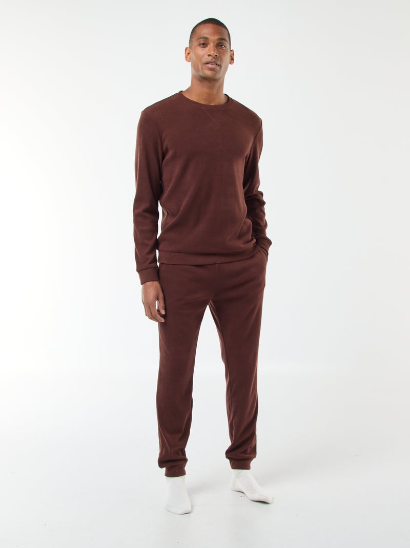 Pyjama long en matière gaufrée et douce - 2 pièces Marron - Kiabi