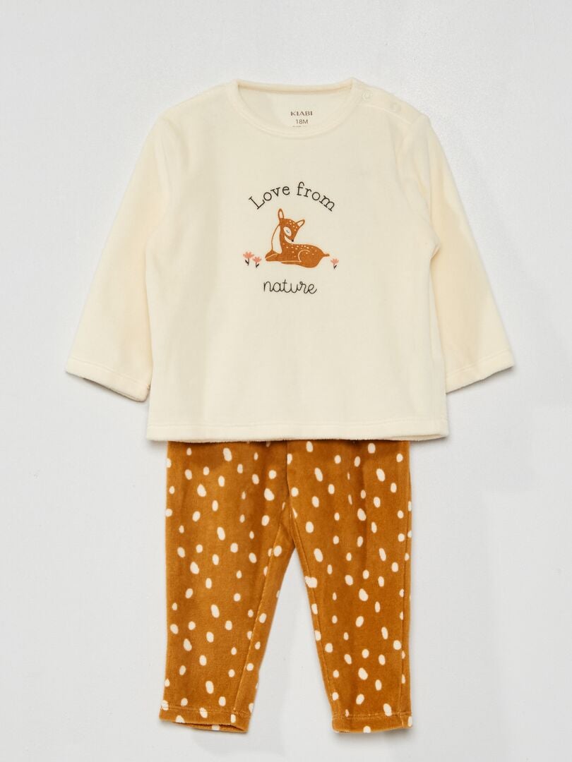 Pyjama long en velours imprimé - 2 pièces Crème/marron - Kiabi