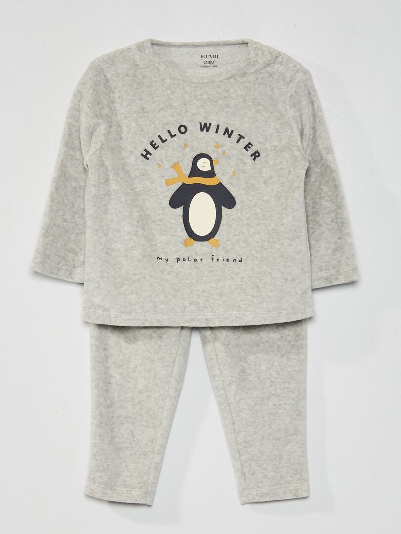 Pyjama long en velours imprimé - 2 pièces Gris - Kiabi