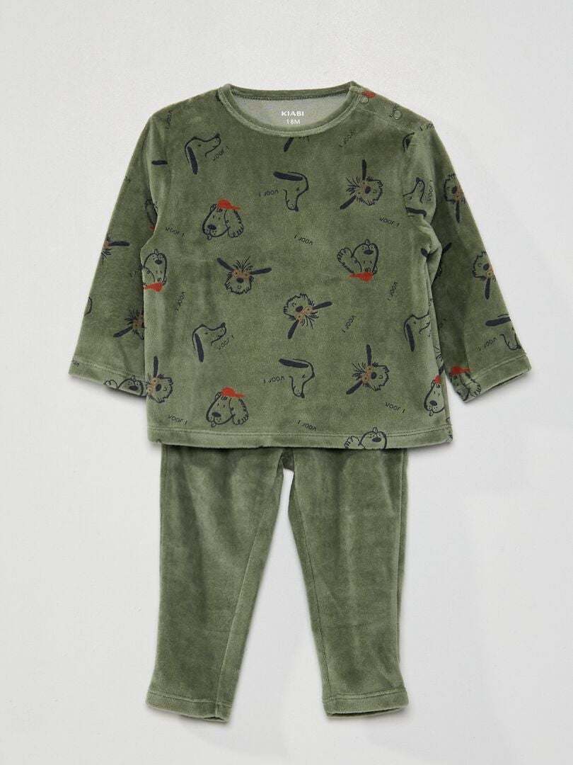 Pyjama long en velours imprimé - 2 pièces Vert foncé - Kiabi