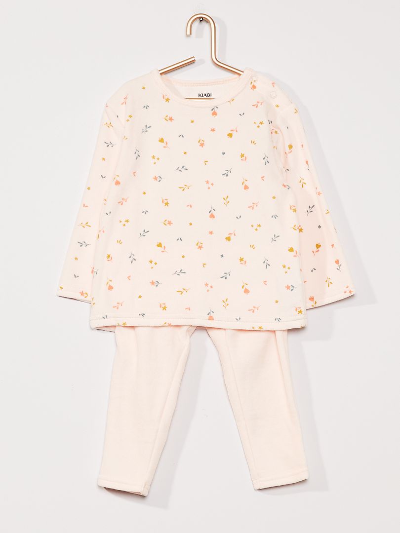 Pyjama long en velours rose/fleurs - Kiabi