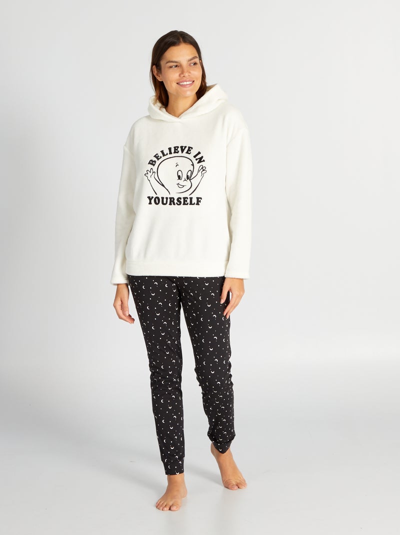Pyjama long sweat polaire + pantalon jersey 'Casper' - 2 pièces Blanc - Kiabi
