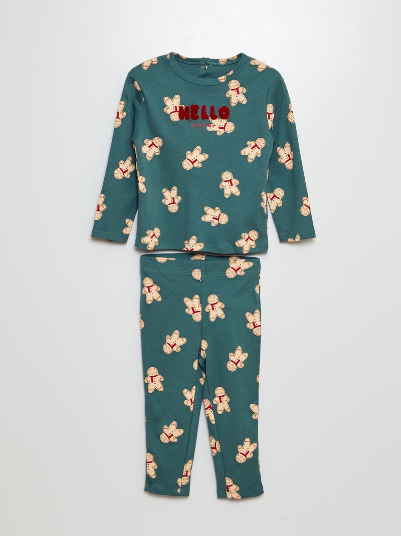 Pyjama long t-shirt + pantalon - 2 pièces Vert - Kiabi