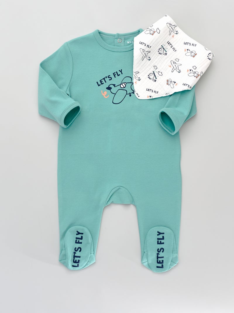 Pyjama met voetjes + slabbetje GROEN - Kiabi