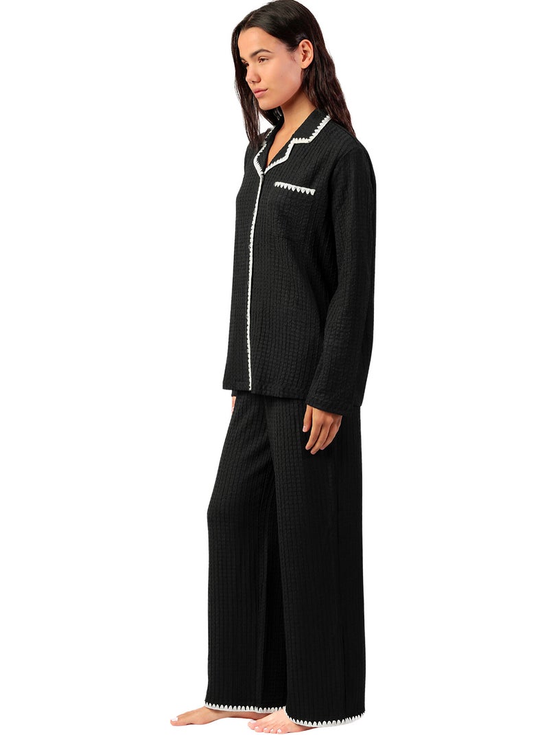 Pyjama met wijde broek en shirt lange mouwen stitching Zwart - Kiabi