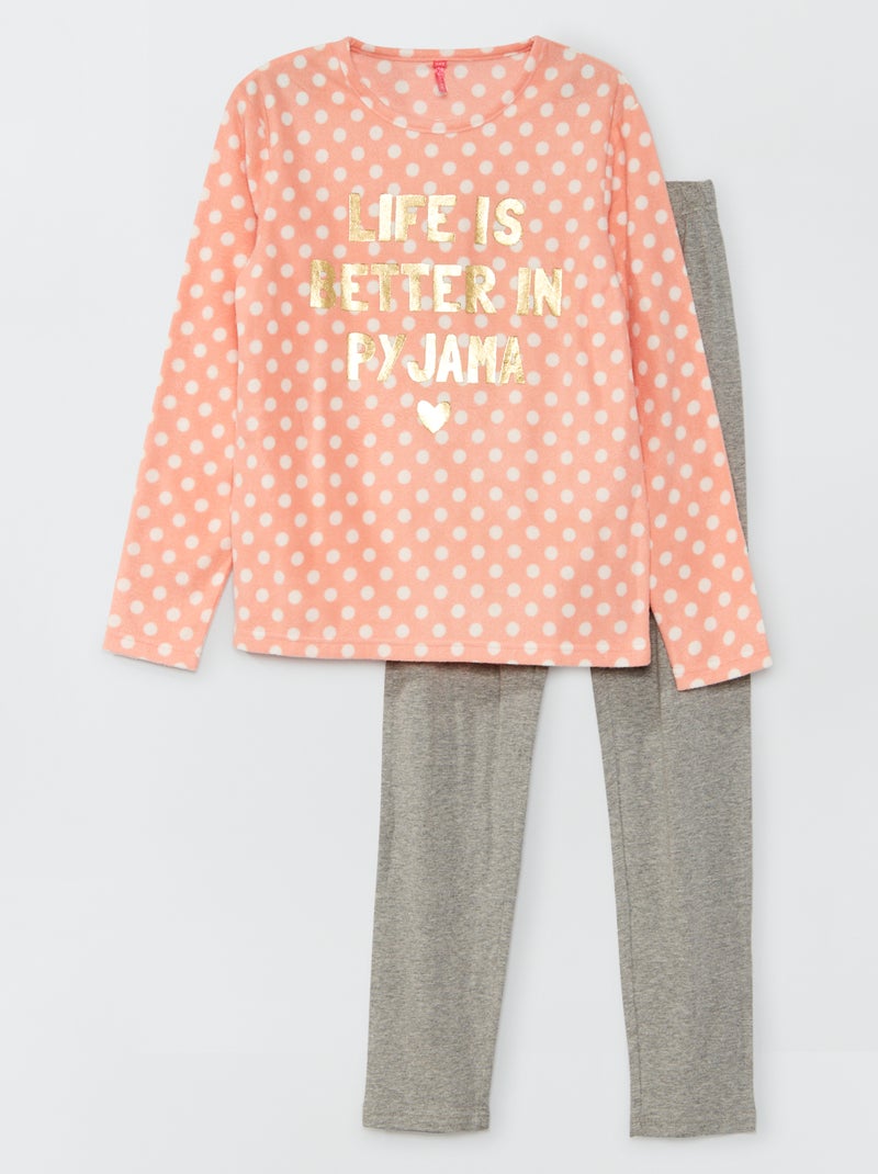 Pyjama micro-polaire et jersey - 2 pièces rose/gris - Kiabi