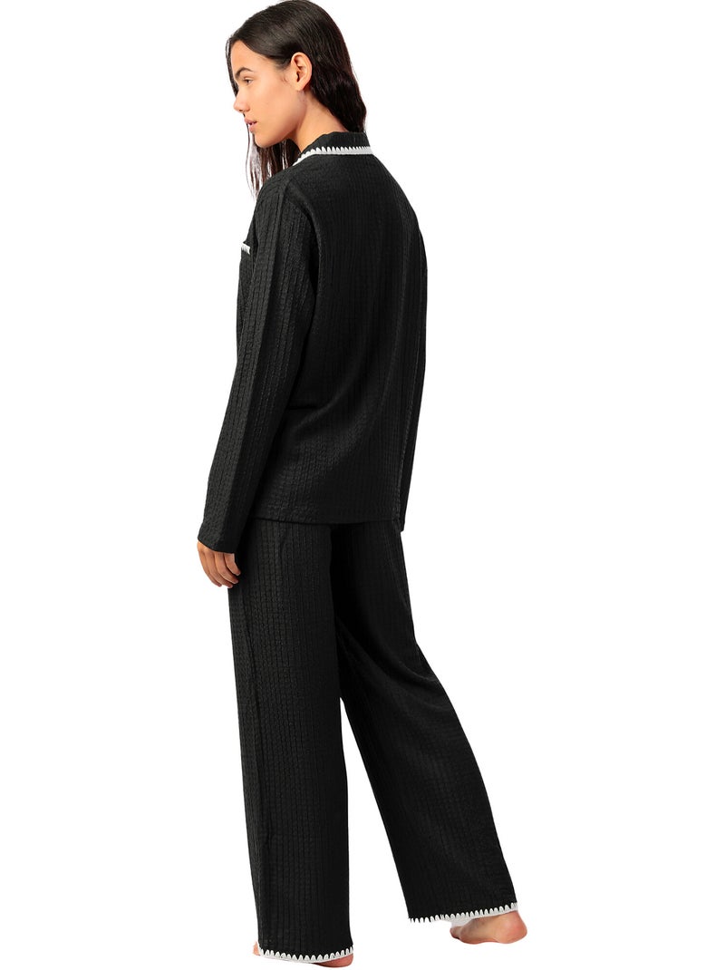 Pyjama pantalon large et chemise manches longues stitching Noir - Kiabi