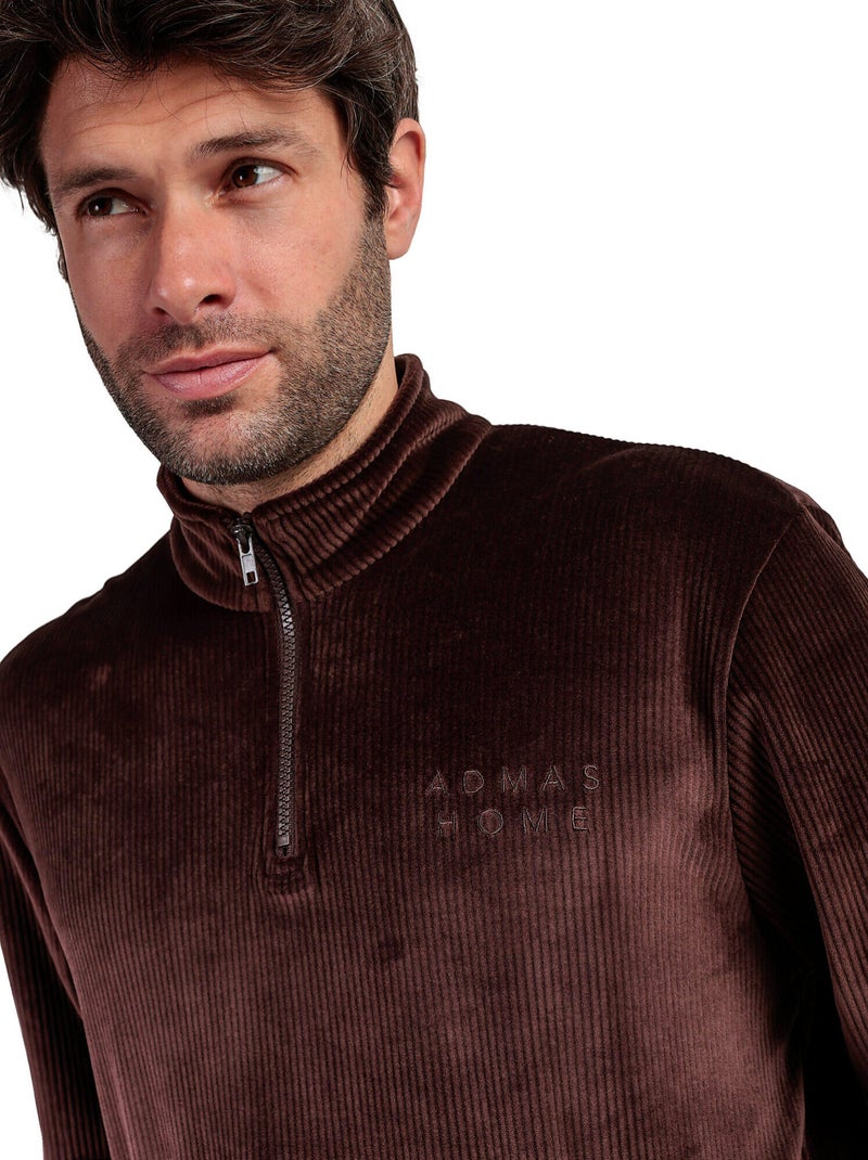 Pyjama pantalon sweat col montant zippé corduroy Marron - Kiabi