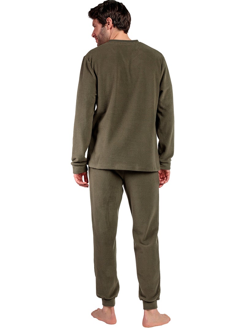 Pyjama pantalon top manches longues checks texture Kaki - Kiabi