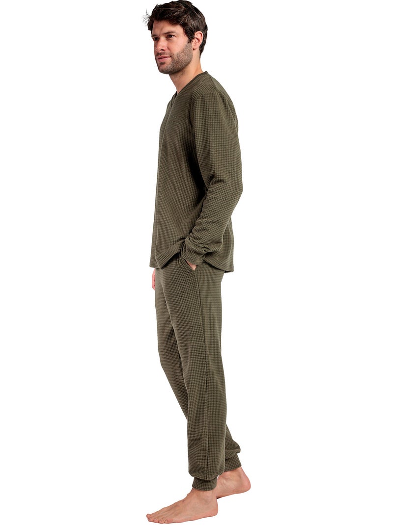 Pyjama pantalon top manches longues checks texture Kaki - Kiabi
