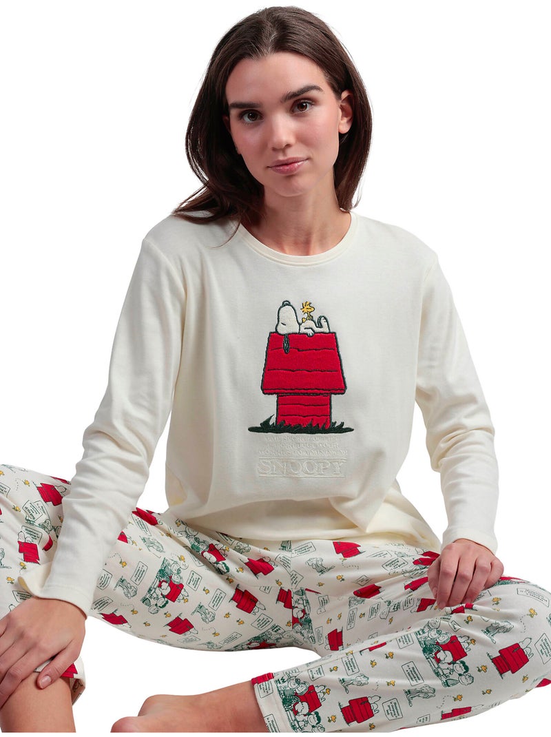 Pyjama pantalon top manches longues classic peanuts Ecru - Kiabi