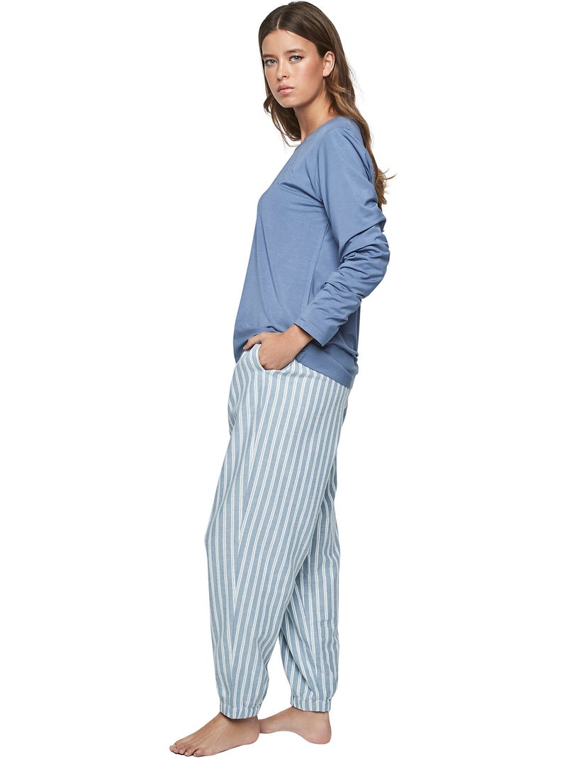 Pyjama pantalon top manches longues p105 oxford Bleu - Kiabi