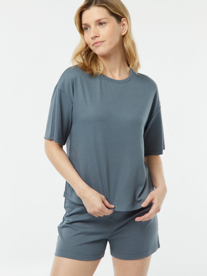 Pyjama short 2 pièces en maille côtelée Bleu gris - Kiabi