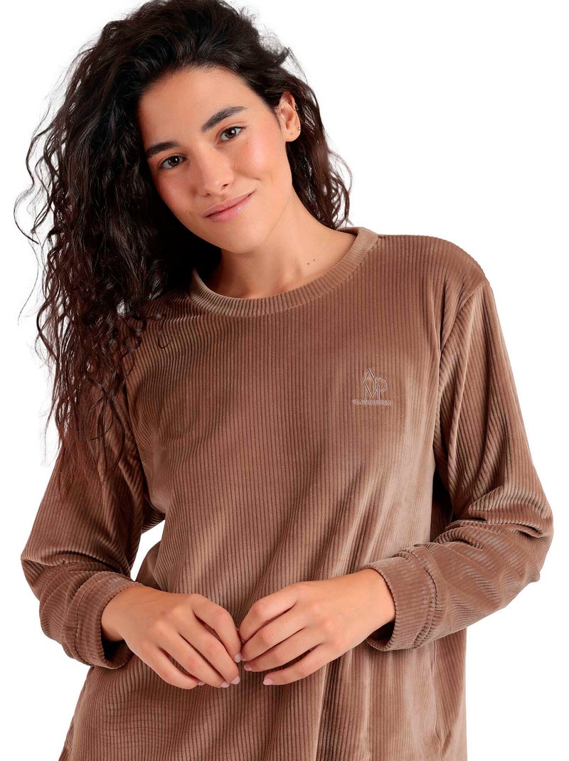 Pyjama velours pantalon top manches longues relax home Marron chocolat - Kiabi
