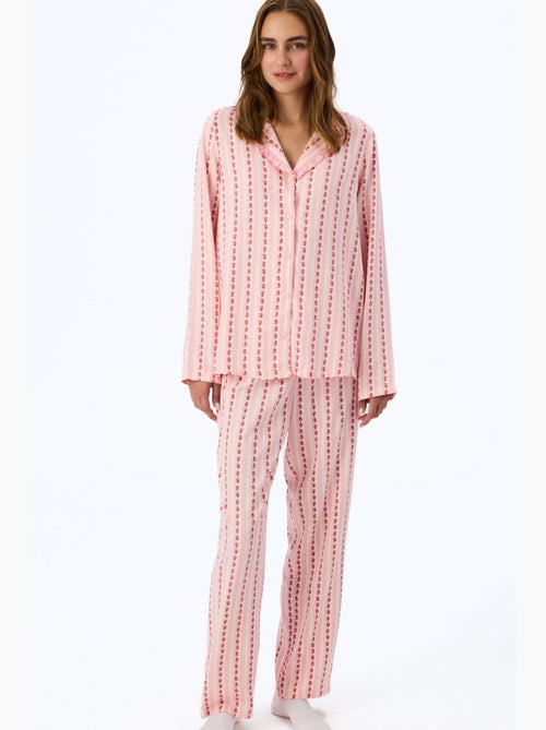Pyjamaset met overhemd, broek, ruches en lange mouwen, lichte bloemen penti - Kiabi Pyjamaset met overhemd, broek, ruches en lange mouwen, lichte bloemen penti - Kiabi