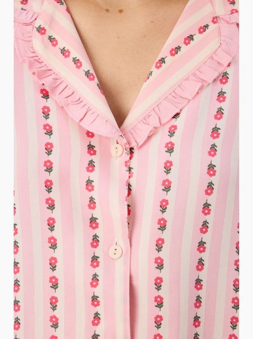 Pyjamaset met overhemd, broek, ruches en lange mouwen, lichte bloemen penti - Kiabi Pyjamaset met overhemd, broek, ruches en lange mouwen, lichte bloemen penti - Kiabi