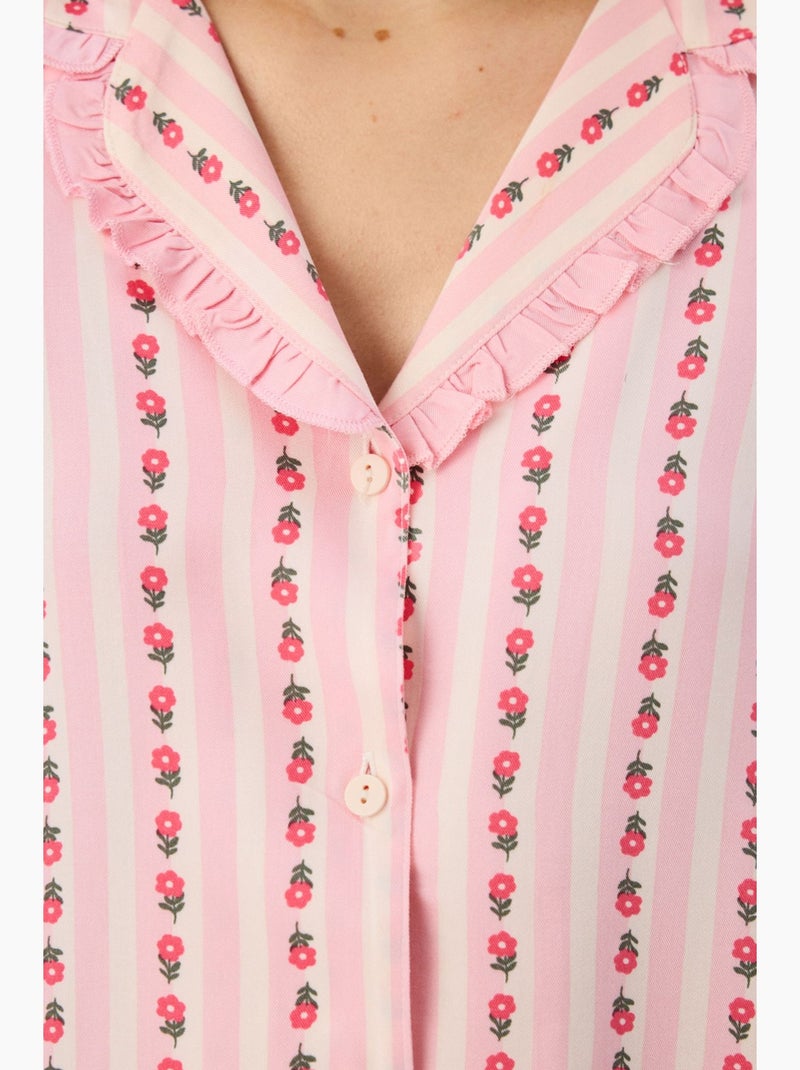 Pyjamaset met overhemd, broek, ruches en lange mouwen, lichte bloemen penti Rood/Roze - Kiabi