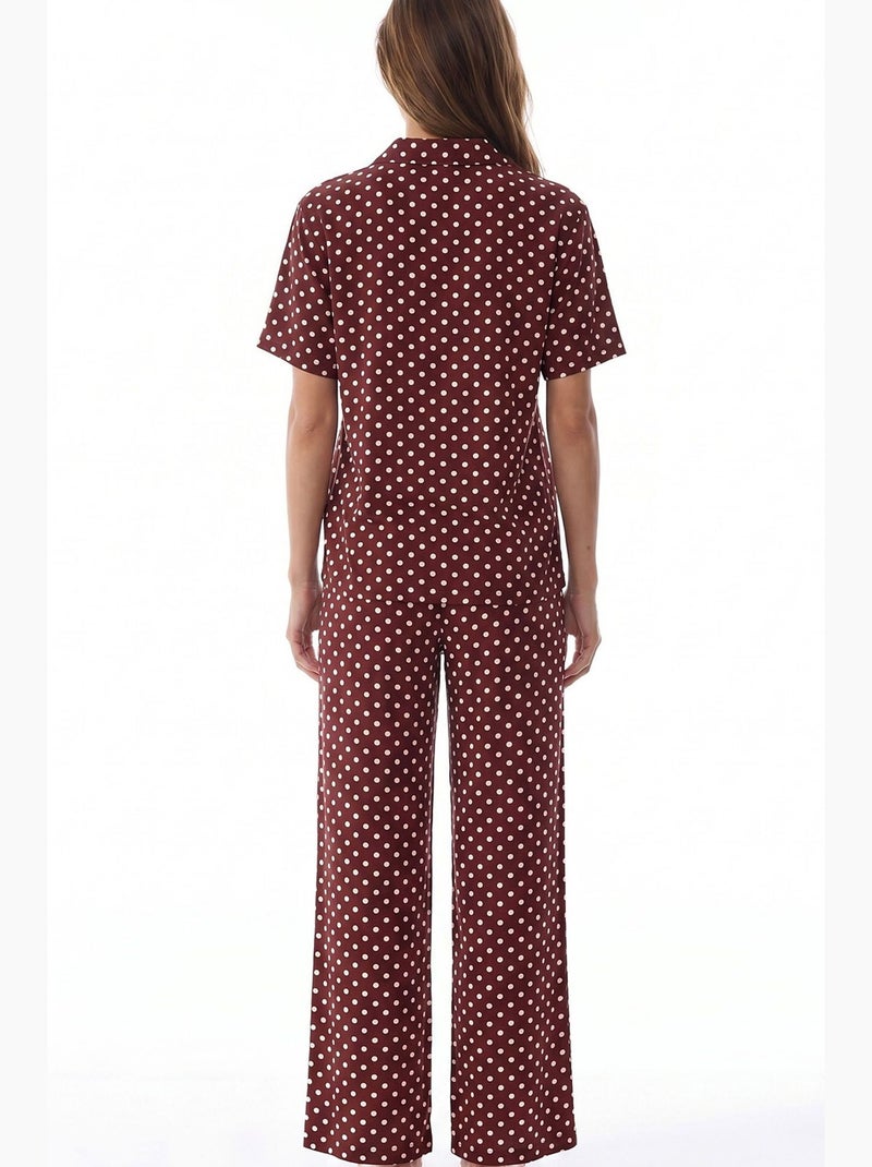 Pyjamaset met overhemd en broek met polkadots penti Bordeauxrood - Kiabi