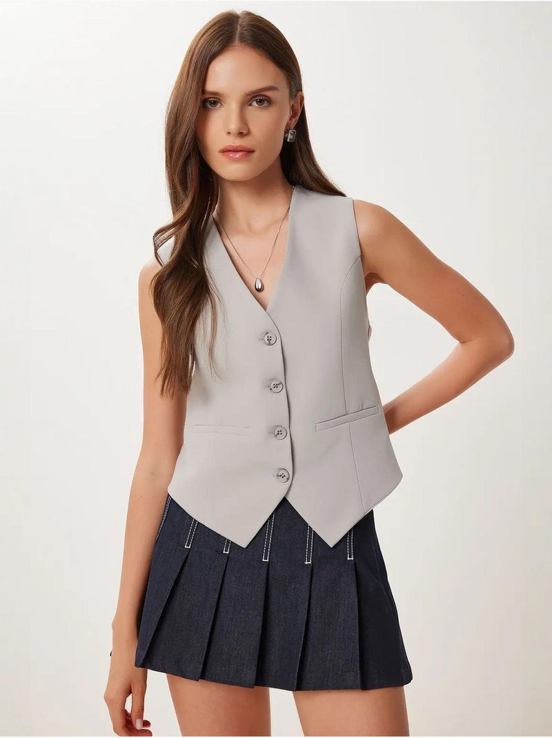 Ravissant gilet court boutonné à col en v istanbul Gris - Kiabi