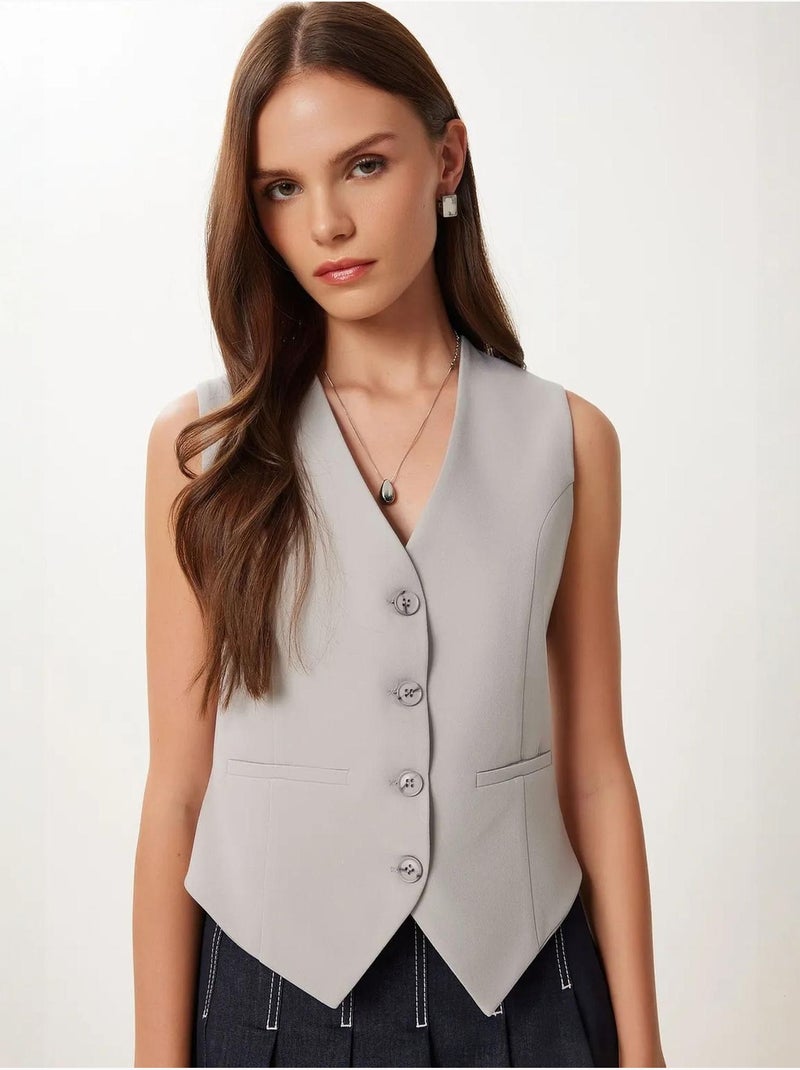 Ravissant gilet court boutonné à col en v istanbul Gris - Kiabi