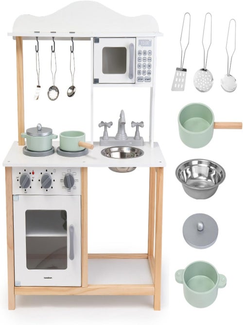 Realistische houten speelkeuken met accessoires, oven, magnetron en kookplaat - Kiabi Realistische houten speelkeuken met accessoires, oven, magnetron en kookplaat - Kiabi