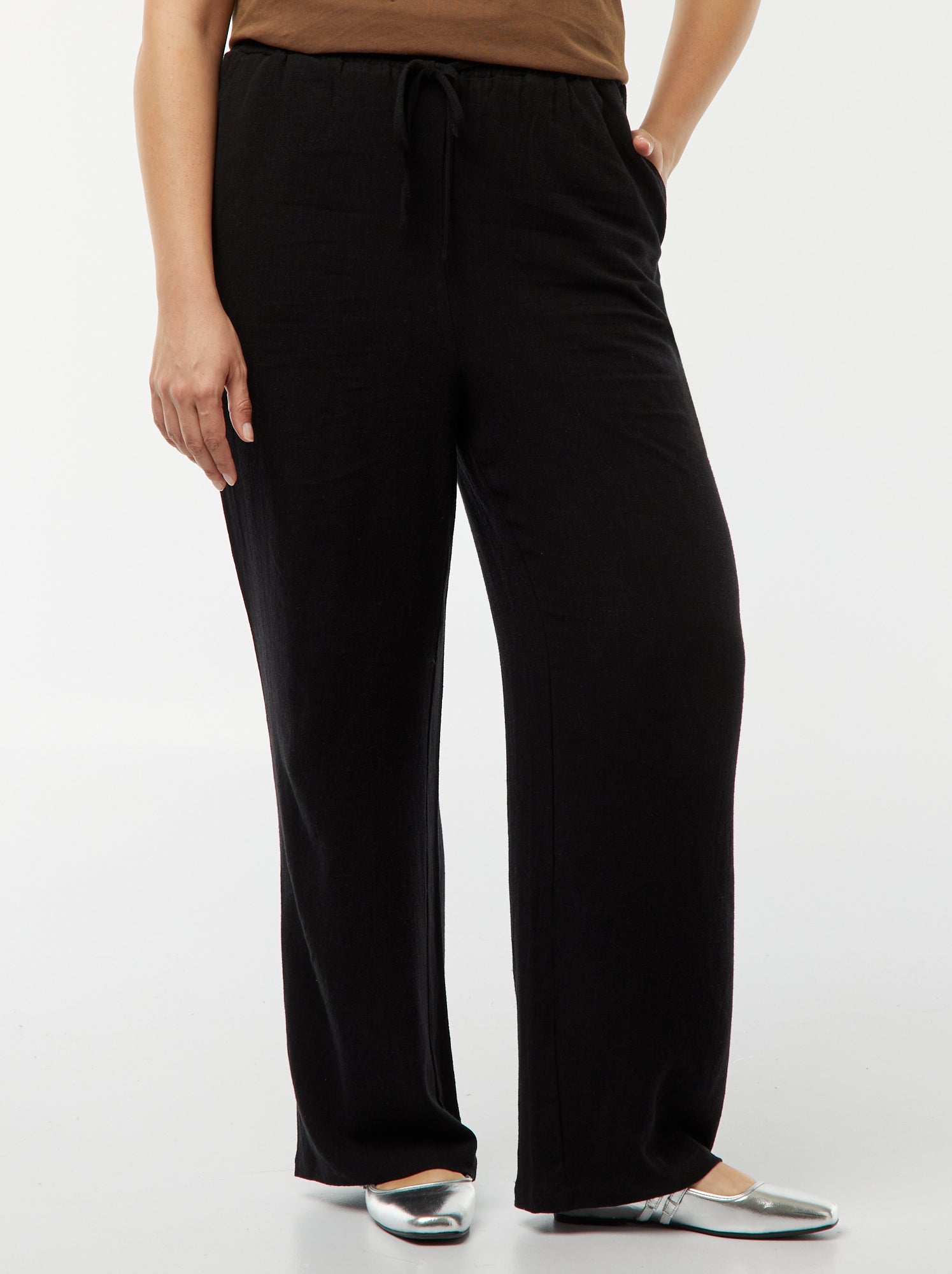 Dames Kantoor Rechte Been Werkbroek Casual Elastische Taille Broek met Zakken(L, Zwart