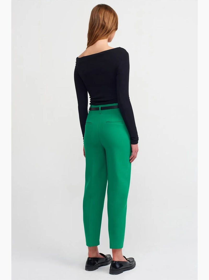 Rechte broek van crêpe met hoge taille en riem dilvin Groen - Kiabi