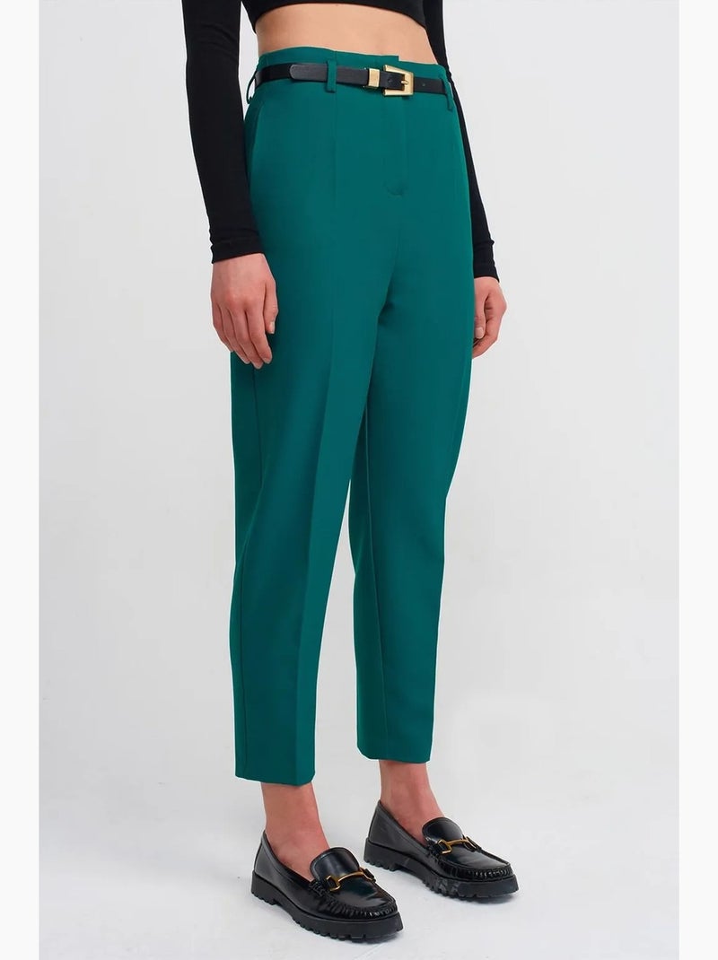 Rechte broek van crêpe met hoge taille en riem dilvin Smaragdgroen - Kiabi