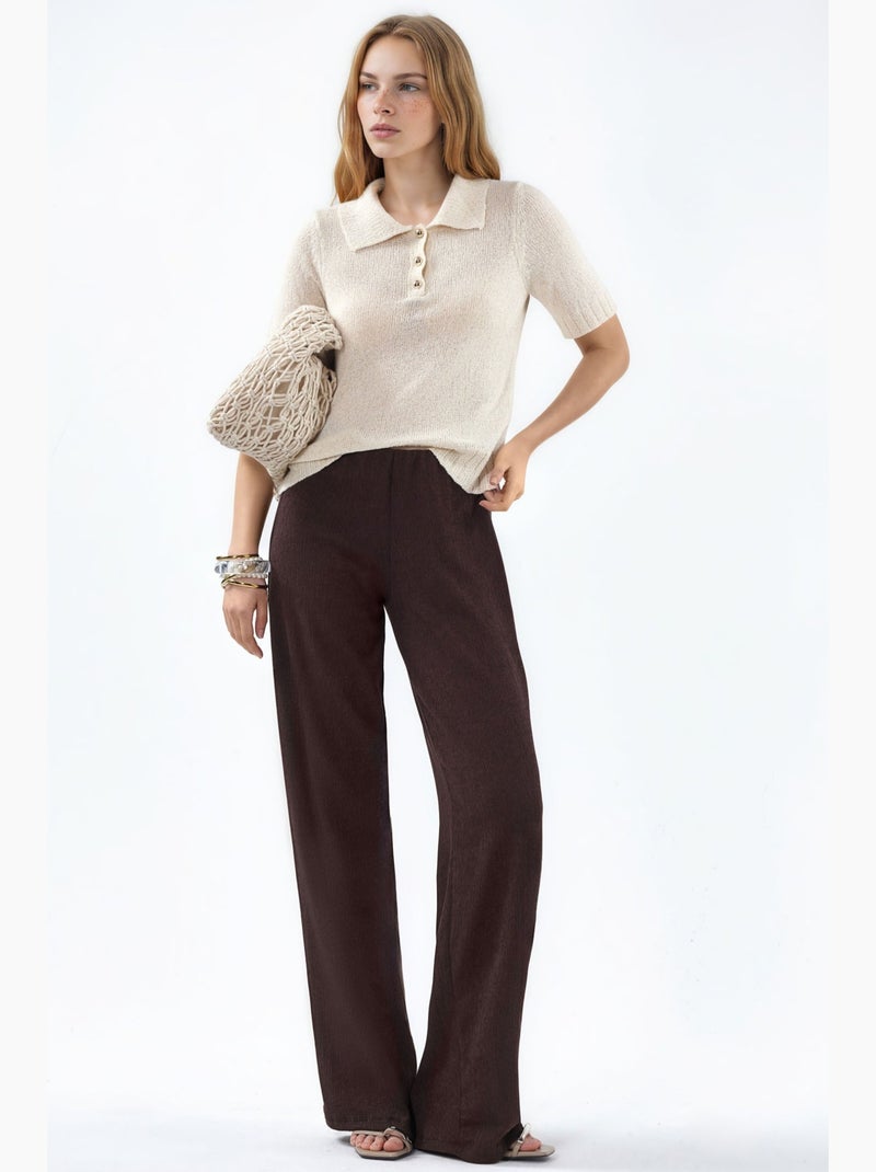 Rechte crêpe broek met hoge taille en split busem Chocoladebruin - Kiabi