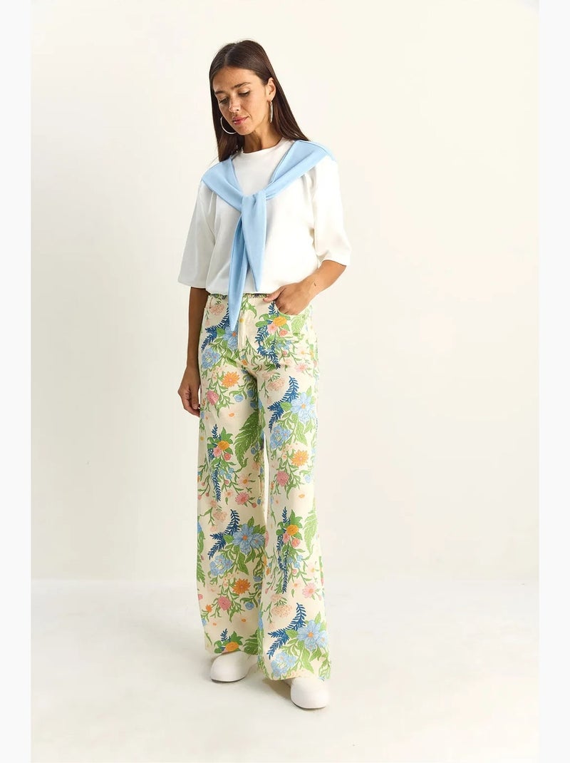 Rechte jeans met hoge taille paisleyprint lucci Crème - Kiabi