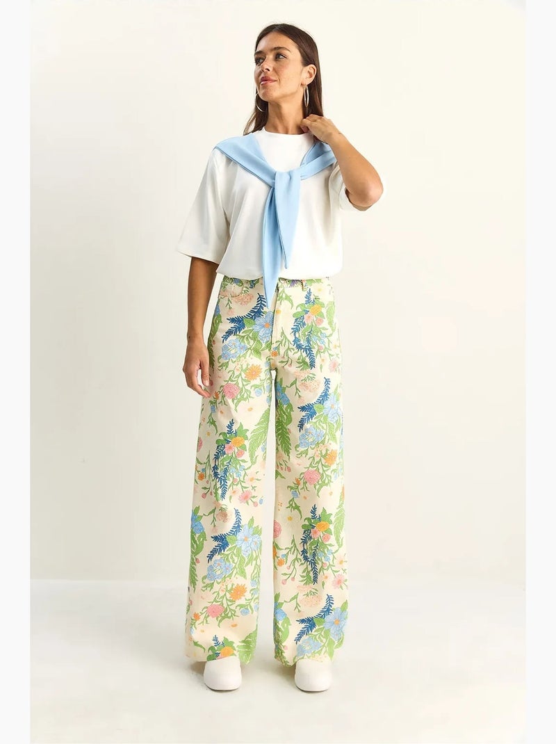 Rechte jeans met hoge taille paisleyprint lucci Crème - Kiabi