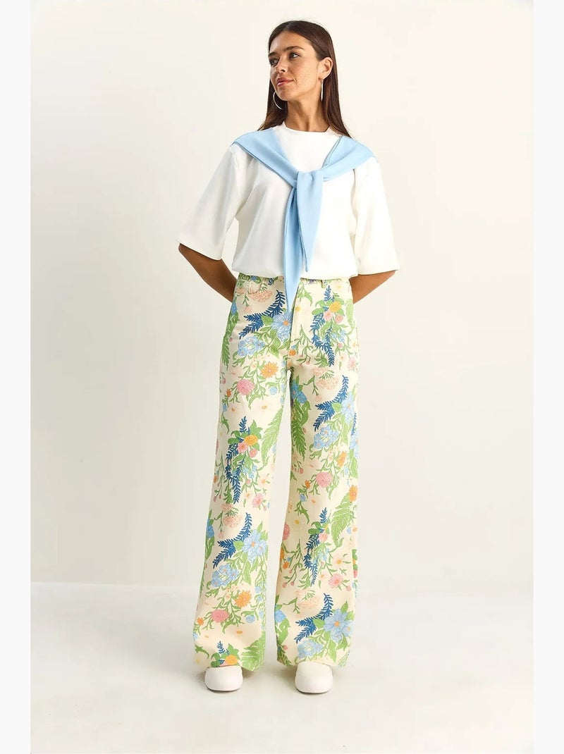 Rechte jeans met hoge taille paisleyprint lucci Crème - Kiabi