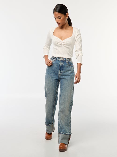 Regular-fit jeans met hoge taille en brede omslag - Kiabi