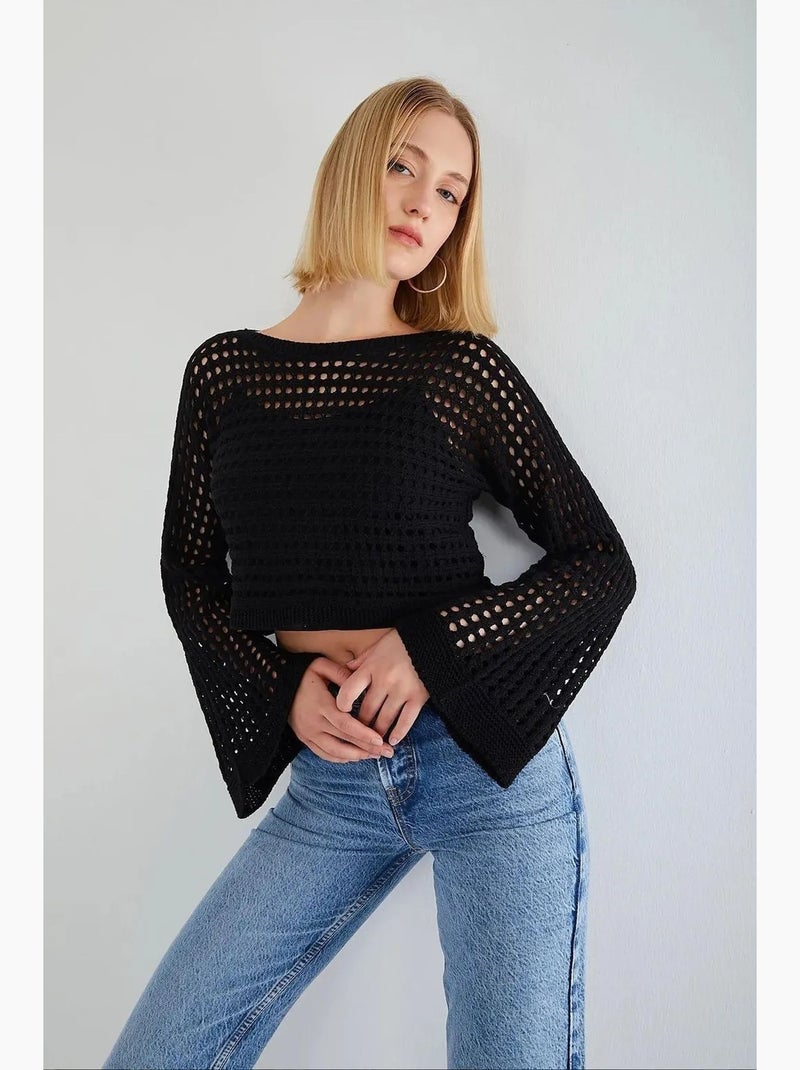 Relaxed fit crew neck crop trui mixray Zwart - Kiabi