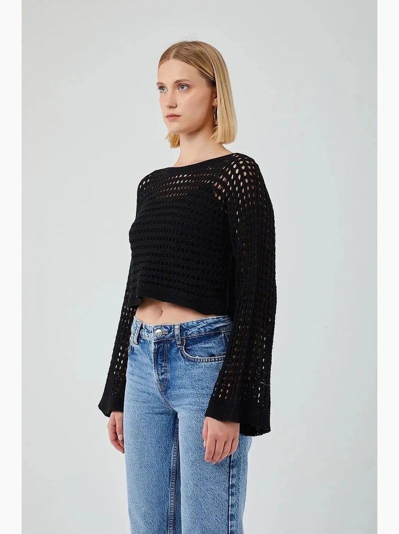 Relaxed fit crew neck crop trui mixray Zwart - Kiabi