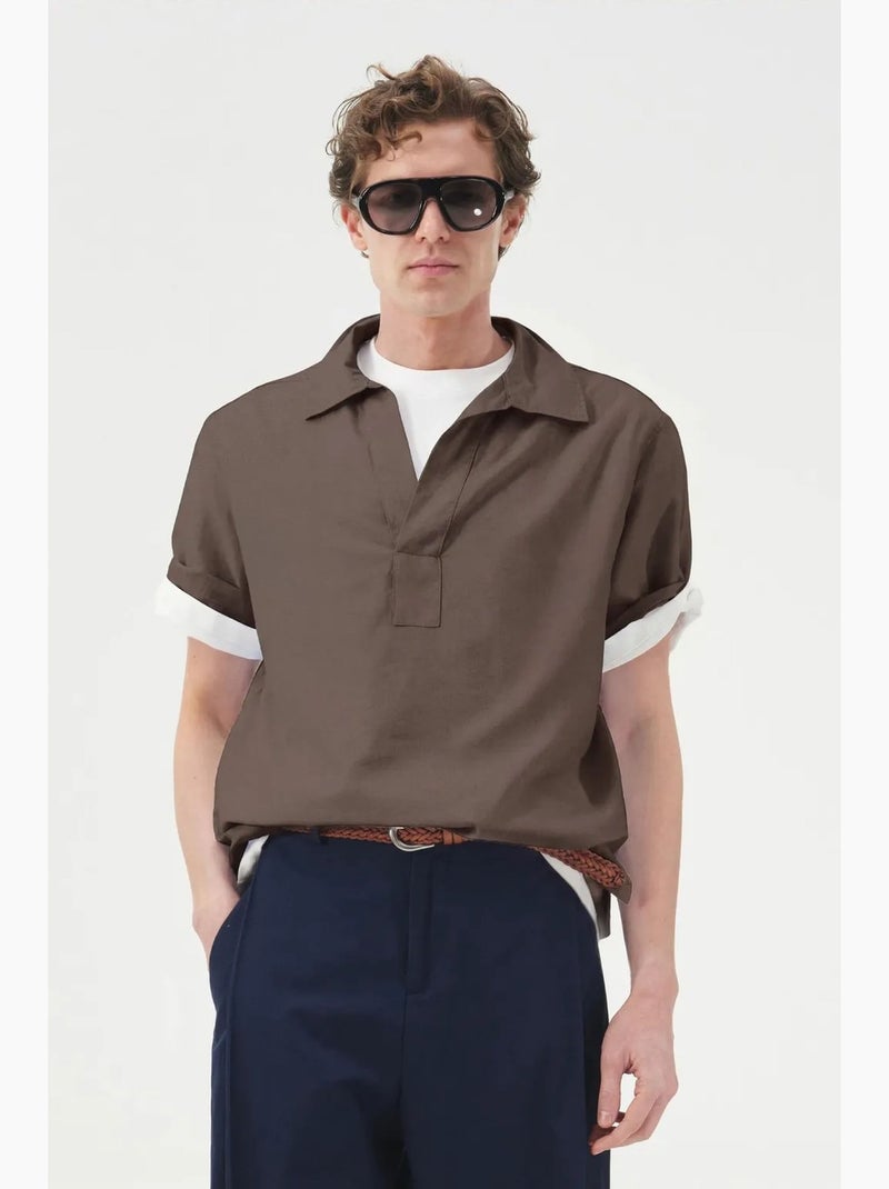Relaxed fit overhemd met korte mouwen van poplin giesto Lichtbruin - Kiabi