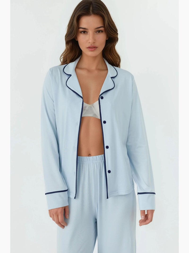 Relaxed fit pyjamaset met lange mouwen, extra zachte touch en overhemdkraag hiccup Hemelsblauw - Kiabi