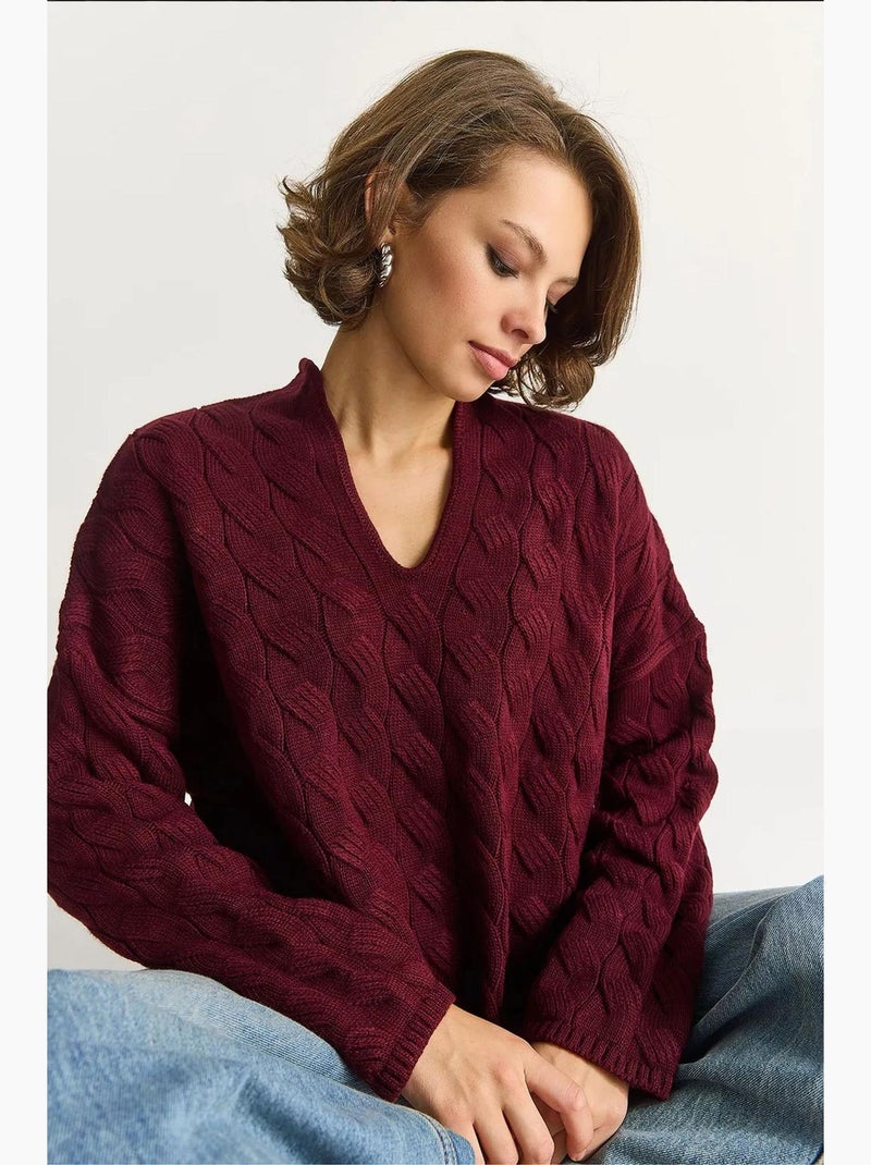 Relaxed fit v-hals trui van getextureerd breisel lucci Bordeauxrood - Kiabi