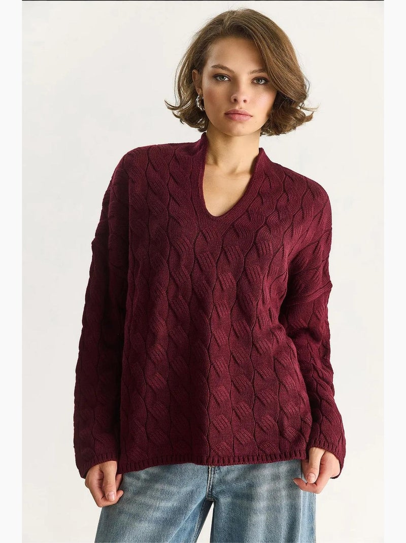 Relaxed fit v-hals trui van getextureerd breisel lucci Bordeauxrood - Kiabi