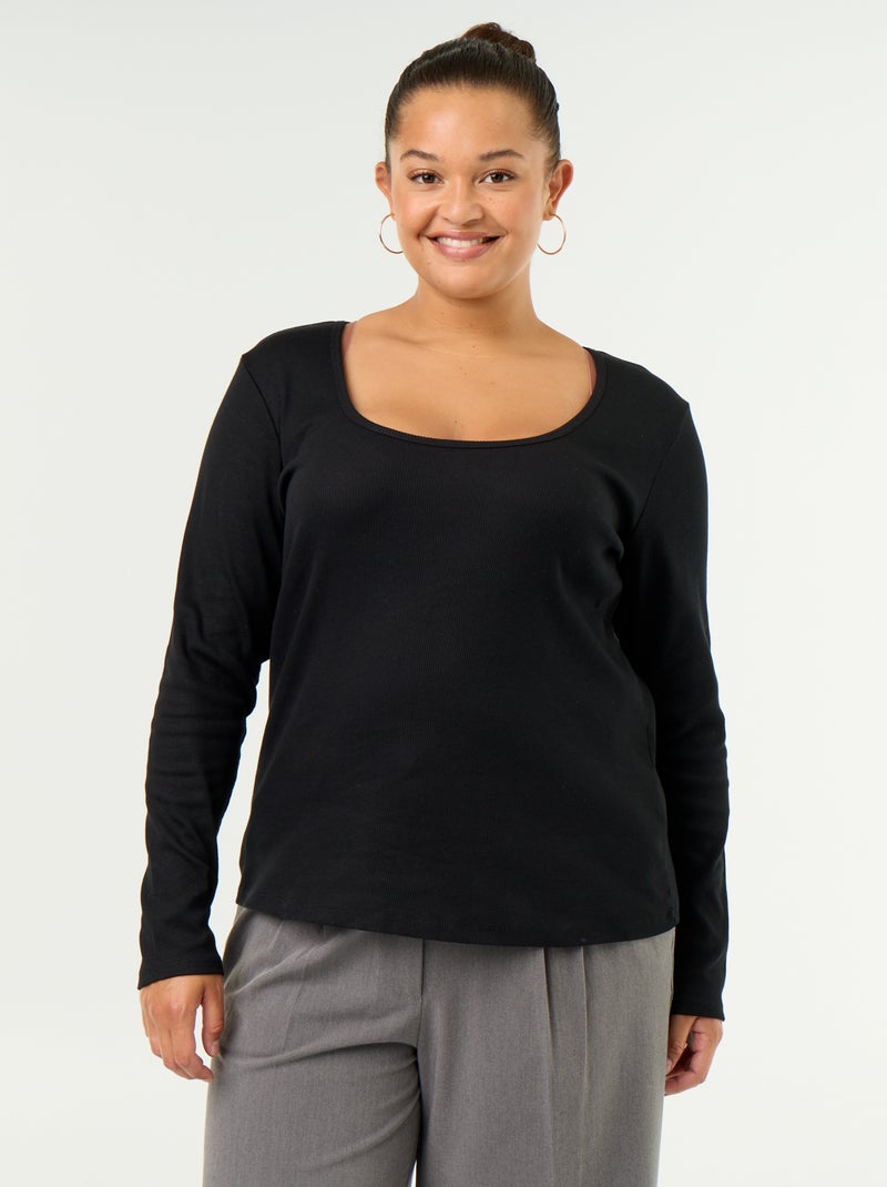 Ribgebreid basic T-shirt Zwart - Kiabi