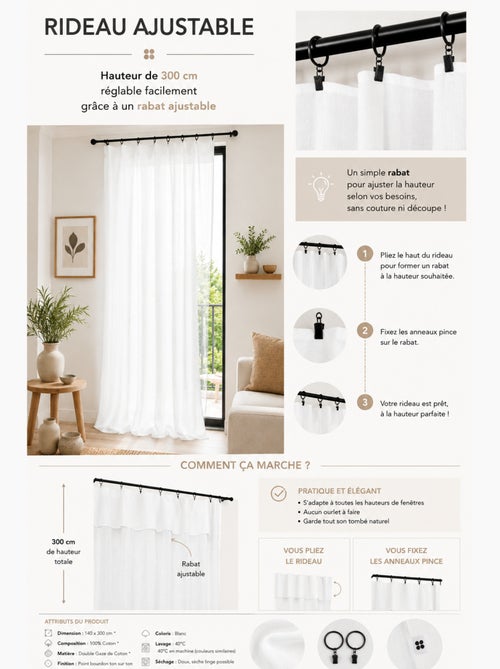 Rideau ajustable double gaze de coton avec 8 anneaux pince gaïa – hauteur modulable - Kiabi Rideau ajustable double gaze de coton avec 8 anneaux pince gaïa – hauteur modulable - Kiabi