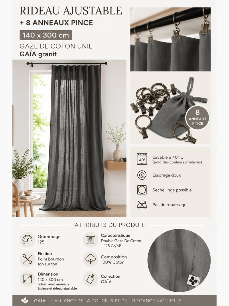 Rideau ajustable double gaze de coton avec 8 anneaux pince gaïa – hauteur modulable Gris Granit - Kiabi