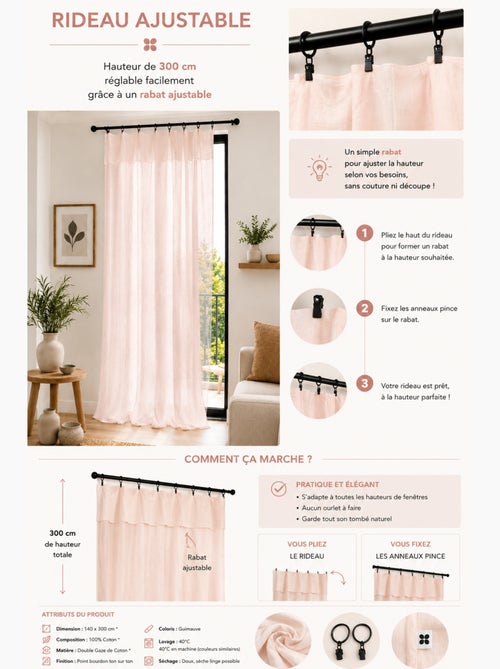 Rideau ajustable double gaze de coton avec 8 anneaux pince gaïa – hauteur modulable - Kiabi Rideau ajustable double gaze de coton avec 8 anneaux pince gaïa – hauteur modulable - Kiabi
