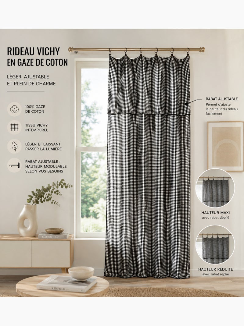 Rideau ajustable double gaze de coton vichie Noir - Kiabi